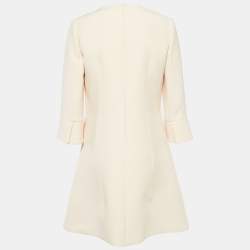 Pre Owned Christian Dior Cream Wool Blend Tie-Up Detail Flared Sleeve Mini Dress M