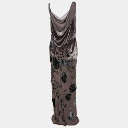 Pre Owned Dior Boutique Vintage Taupe Floral Devore Velvet Draped Dress L