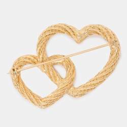 Pre Owned Dior Gold Tone Metal Double Heart Brooch