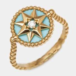 Pre Owned Dior XS Rose Des Vents Diamond Turquoise 18K Yellow Gold Ring Size 55