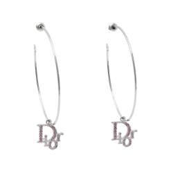 Dior Pink Crystal Logo Silver Tone Hoop Earrings