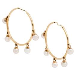Dior Cultured Pearl 18k Rose Gold Hoop Earrings 