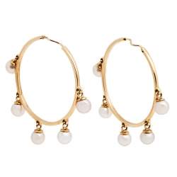 Dior Cultured Pearl 18k Rose Gold Hoop Earrings 