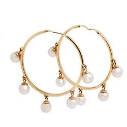 Dior Cultured Pearl 18k Rose Gold Hoop Earrings 