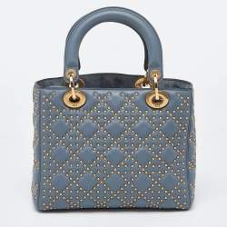 Pre Owned Dior Grey Leather Medium Studded Supple Lady Dior Tote