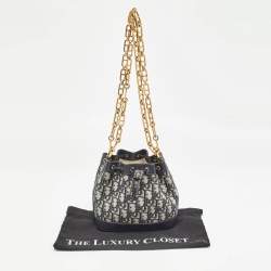 Pre Owned Dior Navy Blue Oblique Canvas and Leather Drawstring Chain Bucket Bag
