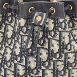 Pre Owned Dior Navy Blue Oblique Canvas and Leather Drawstring Chain Bucket Bag