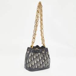 Pre Owned Dior Navy Blue Oblique Canvas and Leather Drawstring Chain Bucket Bag
