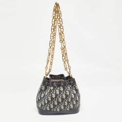 Pre Owned Dior Navy Blue Oblique Canvas and Leather Drawstring Chain Bucket Bag