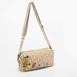 Pre Owned Dior Beige Oblique Coated Canvas Floral Embroidered Crossbody Bag
