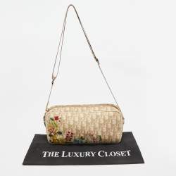 Pre Owned Dior Beige Oblique Coated Canvas Floral Embroidered Crossbody Bag
