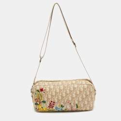 Pre Owned Dior Beige Oblique Coated Canvas Floral Embroidered Crossbody Bag