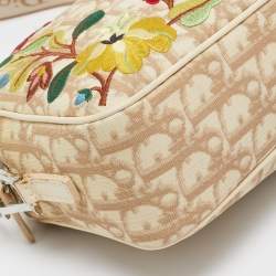 Pre Owned Dior Beige Oblique Coated Canvas Floral Embroidered Crossbody Bag