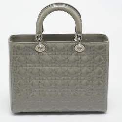 Dior Grey Cannage Patent Leather Large Lady Dior Tote