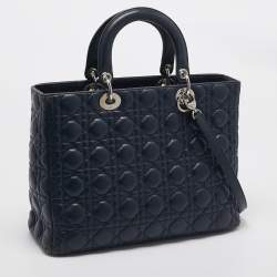 Pre Owned Dior Navy Blue Cannage Leather Large Lady Dior Tote