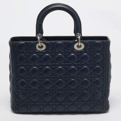 Pre Owned Dior Navy Blue Cannage Leather Large Lady Dior Tote