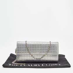 Pre Owned Dior Silver Microcannage Patent Leather Lady Dior Croisiere Wallet on Chain