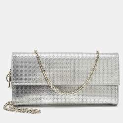 Pre Owned Dior Silver Microcannage Patent Leather Lady Dior Croisiere Wallet on Chain