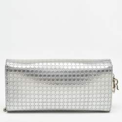 Pre Owned Dior Silver Microcannage Patent Leather Lady Dior Croisiere Wallet on Chain
