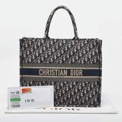 Pre Owned Dior Navy Blue Oblique Embroidered Canvas Large Book Tote