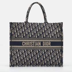 Pre Owned Dior Navy Blue Oblique Embroidered Canvas Large Book Tote