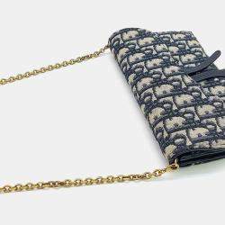 Christian Dior Blue Oblique Saddle Chain Long Wallet On Chain w/ Pouch 