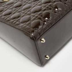 Pre Owned Dior Dark Brown Cannage Patent Leather Large Lady Dior Tote