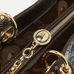Pre Owned Dior Dark Brown Cannage Patent Leather Large Lady Dior Tote
