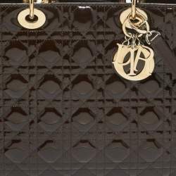 Pre Owned Dior Dark Brown Cannage Patent Leather Large Lady Dior Tote