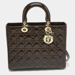 Pre Owned Dior Dark Brown Cannage Patent Leather Large Lady Dior Tote