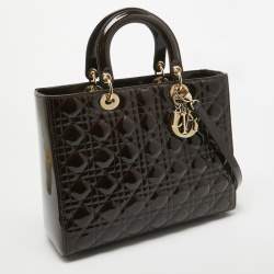 Pre Owned Dior Dark Brown Cannage Patent Leather Large Lady Dior Tote