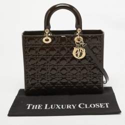 Pre Owned Dior Dark Brown Cannage Patent Leather Large Lady Dior Tote