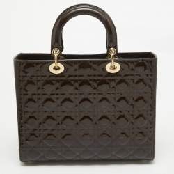 Pre Owned Dior Dark Brown Cannage Patent Leather Large Lady Dior Tote