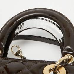 Pre Owned Dior Dark Brown Cannage Patent Leather Large Lady Dior Tote