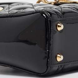 Pre Owned Dior Black Cannage Patent Leather Mini Lady Dior Tote