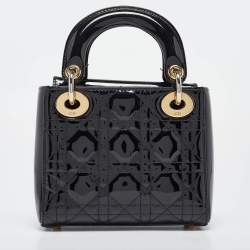 Pre Owned Dior Black Cannage Patent Leather Mini Lady Dior Tote