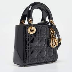 Pre Owned Dior Black Cannage Patent Leather Mini Lady Dior Tote