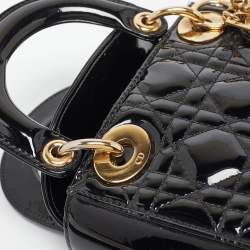 Pre Owned Dior Black Cannage Patent Leather Mini Lady Dior Tote