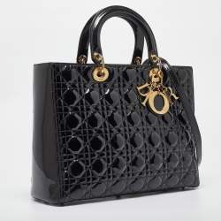 Pre Owned Dior Black Cannage Patent Leather Large Lady Dior Tote