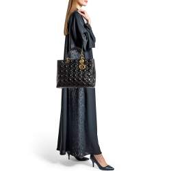 Pre Owned Dior Black Cannage Patent Leather Large Lady Dior Tote