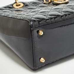 Pre Owned Dior Black Cannage Patent Leather Large Lady Dior Tote