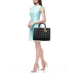 Pre Owned Dior Black Cannage Leather Large Lady Dior Tote