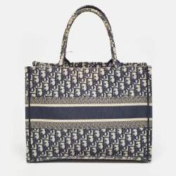 Pre Owned Dior Navy Blue Oblique Embroidered Canvas Medium Book Tote