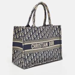 Pre Owned Dior Navy Blue Oblique Embroidered Canvas Medium Book Tote