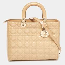 Pre Owned Dior Beige Cannage Patent Leather Large Lady Dior Tote
