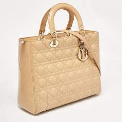 Pre Owned Dior Beige Cannage Patent Leather Large Lady Dior Tote