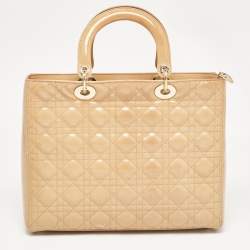 Pre Owned Dior Beige Cannage Patent Leather Large Lady Dior Tote