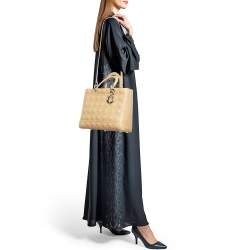 Pre Owned Dior Beige Cannage Patent Leather Large Lady Dior Tote
