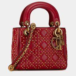 Dior Red Lambskin Leather Mini Studded Lady Dior Tote Bag