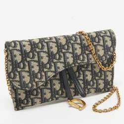 Dior Navy Blue Oblique Canvas and Leather Saddle Wallet on Chain